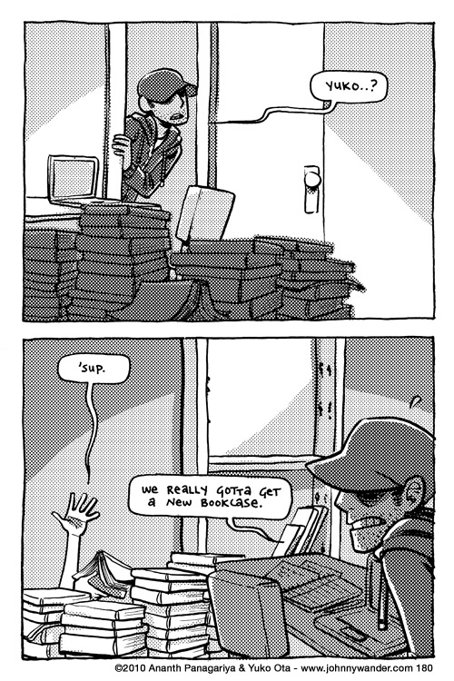 precarious book-skyscrapers 180 - but bookshelves are heavy